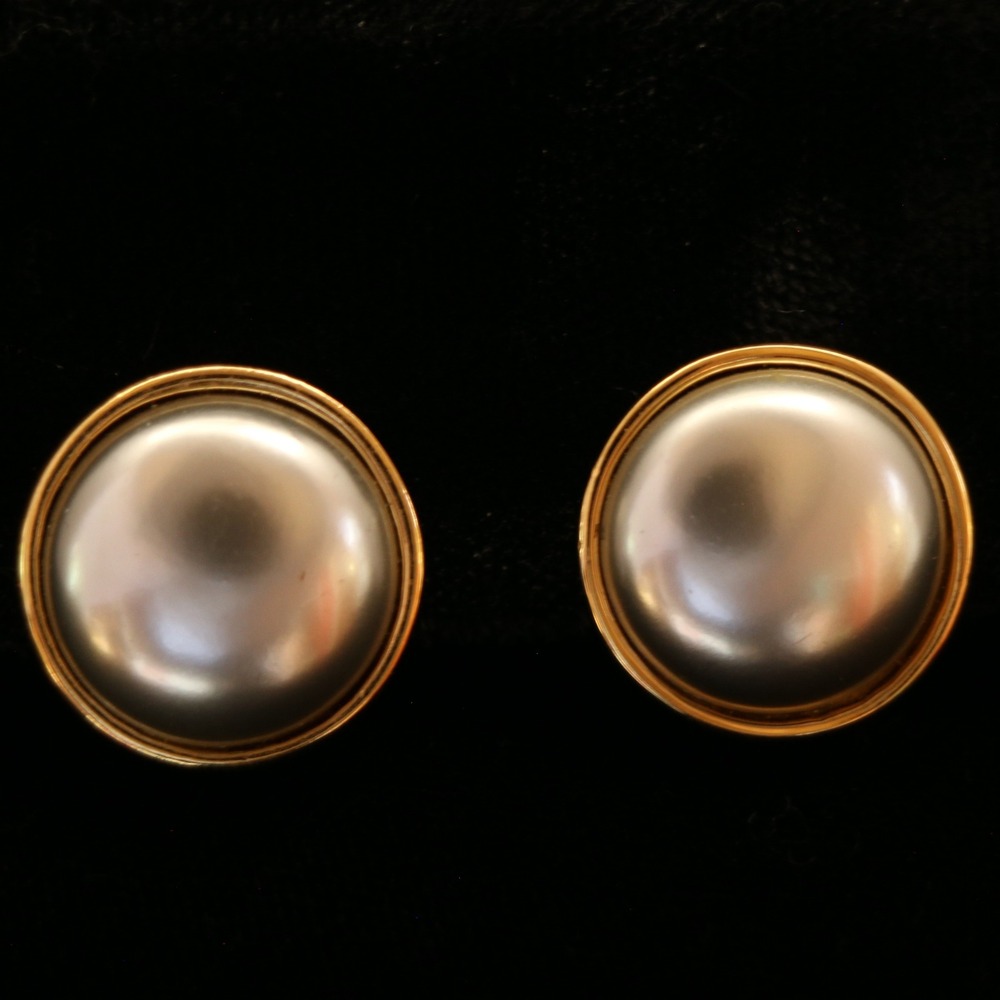 Monet Vintage Gold & Silver Tone Faux Mabe Pearl Clip Earrings Large Dome Studs